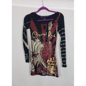 Crystal Rock‎ Shirt Womens XS Black Tuni Tsunami Graphic Rhinestone Long Tunic